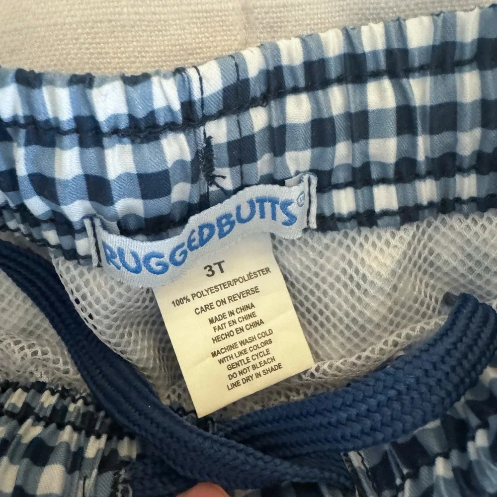 RuggedButts Boys 3T Gingham Swim Trunks Navy Ue White Lined Preppy EUC